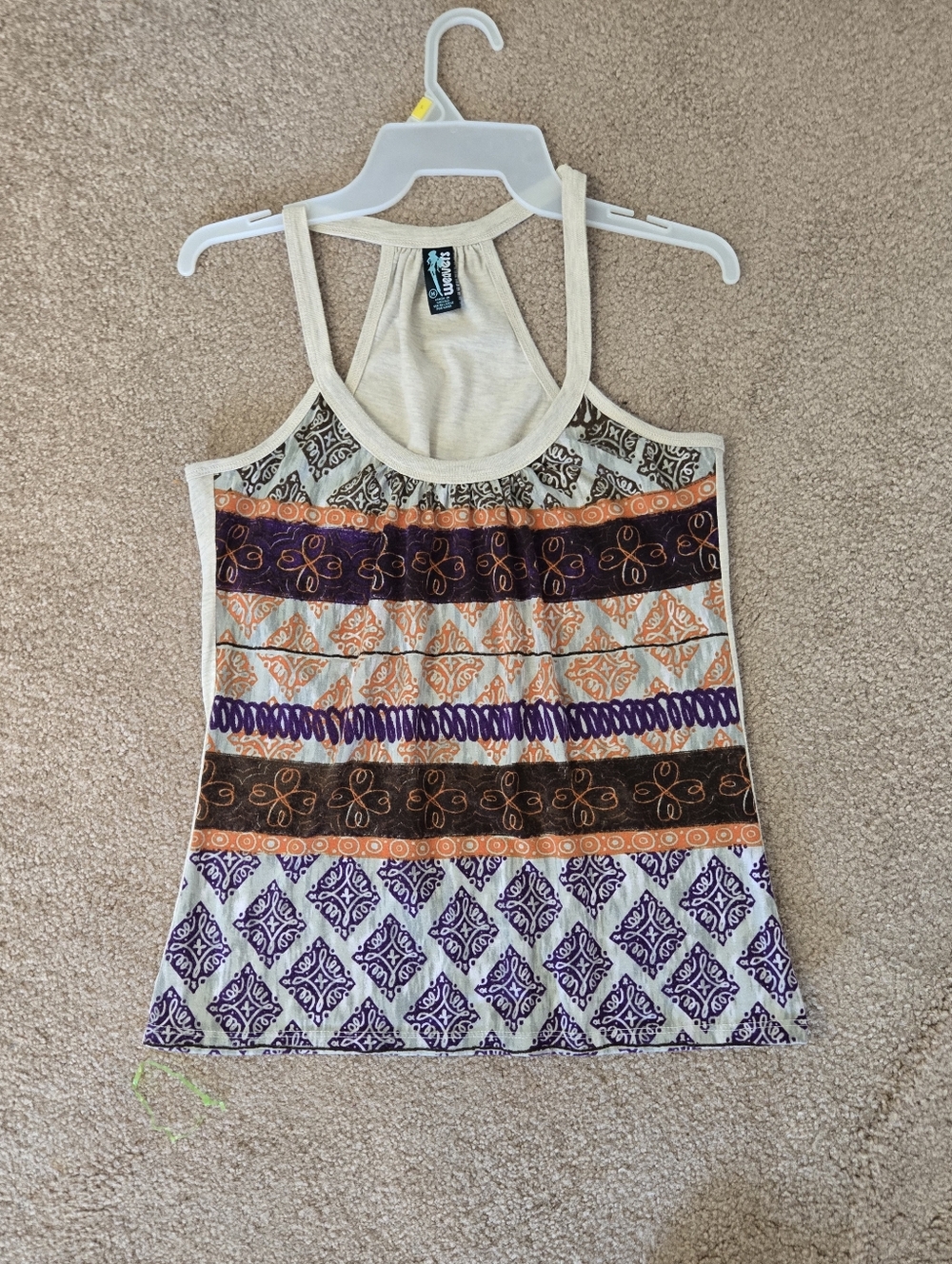 Tank Top. Weavers Beige Racerback Tank with Purple & Orange Pattern Size M